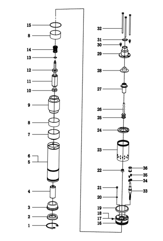 ЗУБР 370 Вт, 70 м напор, скважинный насос винтовой, корпус из нержавеющей стали (НСВ-75-70) - разборная схема
