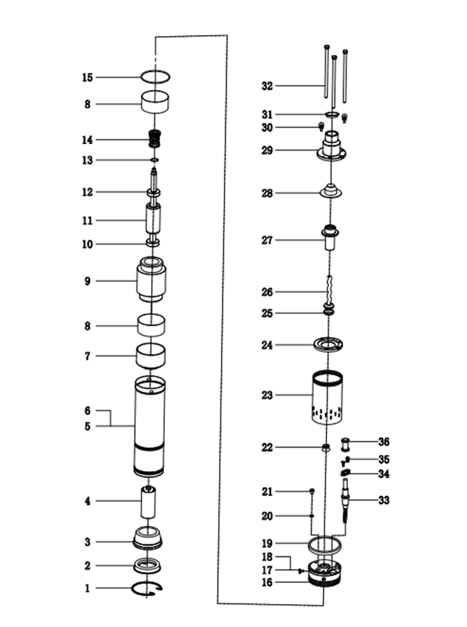 ЗУБР 550 Вт, 90 м напор, скважинный насос винтовой, корпус из нержавеющей стали (НСВ-75-90) - разборная схема