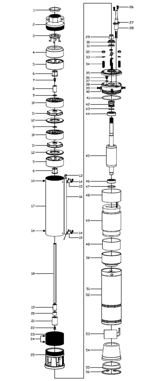ЗУБР 1800 Вт, 135 м напор, скважинный центробежный насос, корпус из нержавеющей стали (НСЦ-100-135) - разборная схема