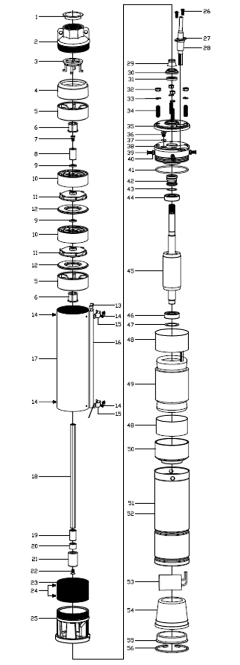 ЗУБР 550 Вт, 40 м напор, скважинный центробежный насос, корпус из нержавеющей стали (НСЦ-100-40) - разборная схема