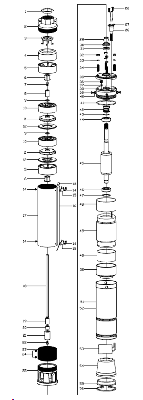 ЗУБР 900 Вт, 60 м напор, скважинный центробежный насос, корпус из нержавеющей стали (НСЦ-100-60) - разборная схема