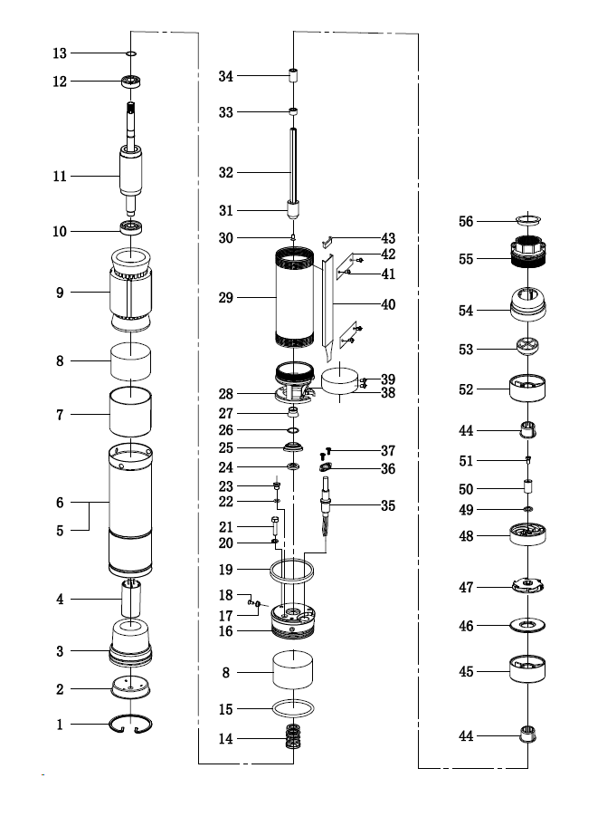 ЗУБР 550 Вт, 40 м напор, скважинный центробежный насос, корпус из нержавеющей стали (НСЦ-75-40) - разборная схема