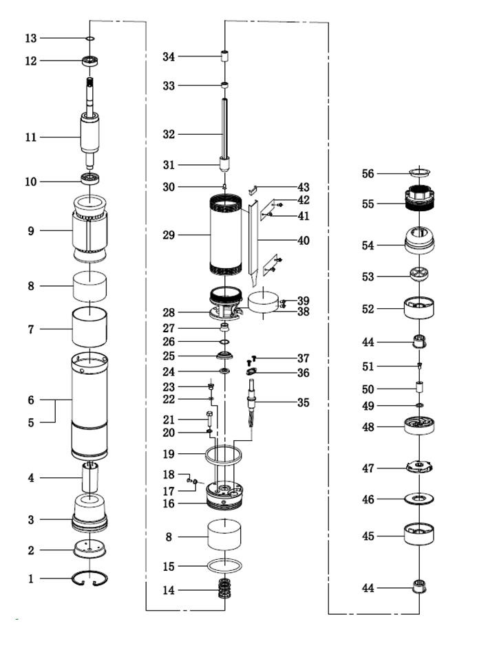 ЗУБР 800 Вт, 60 м напор, скважинный центробежный насос, корпус из нержавеющей стали (НСЦ-75-60) - разборная схема