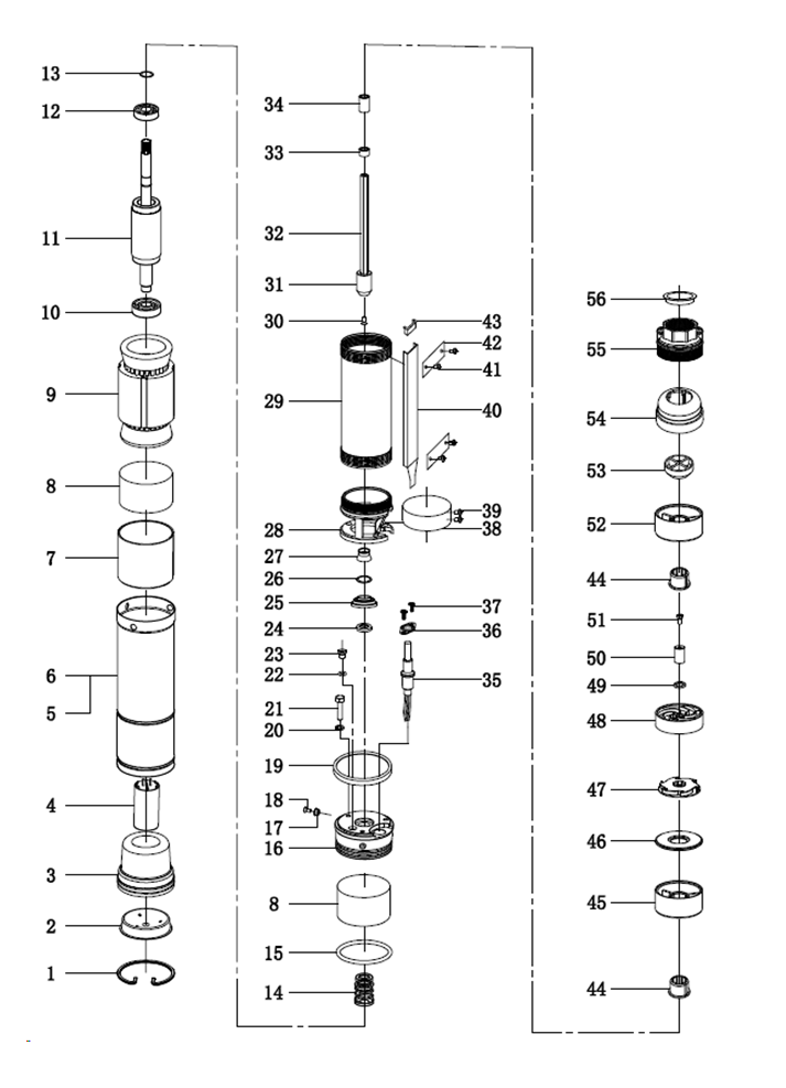 ЗУБР 1000 Вт, 80 м напор, скважинный центробежный насос, корпус из нержавеющей стали (НСЦ-75-80) - разборная схема