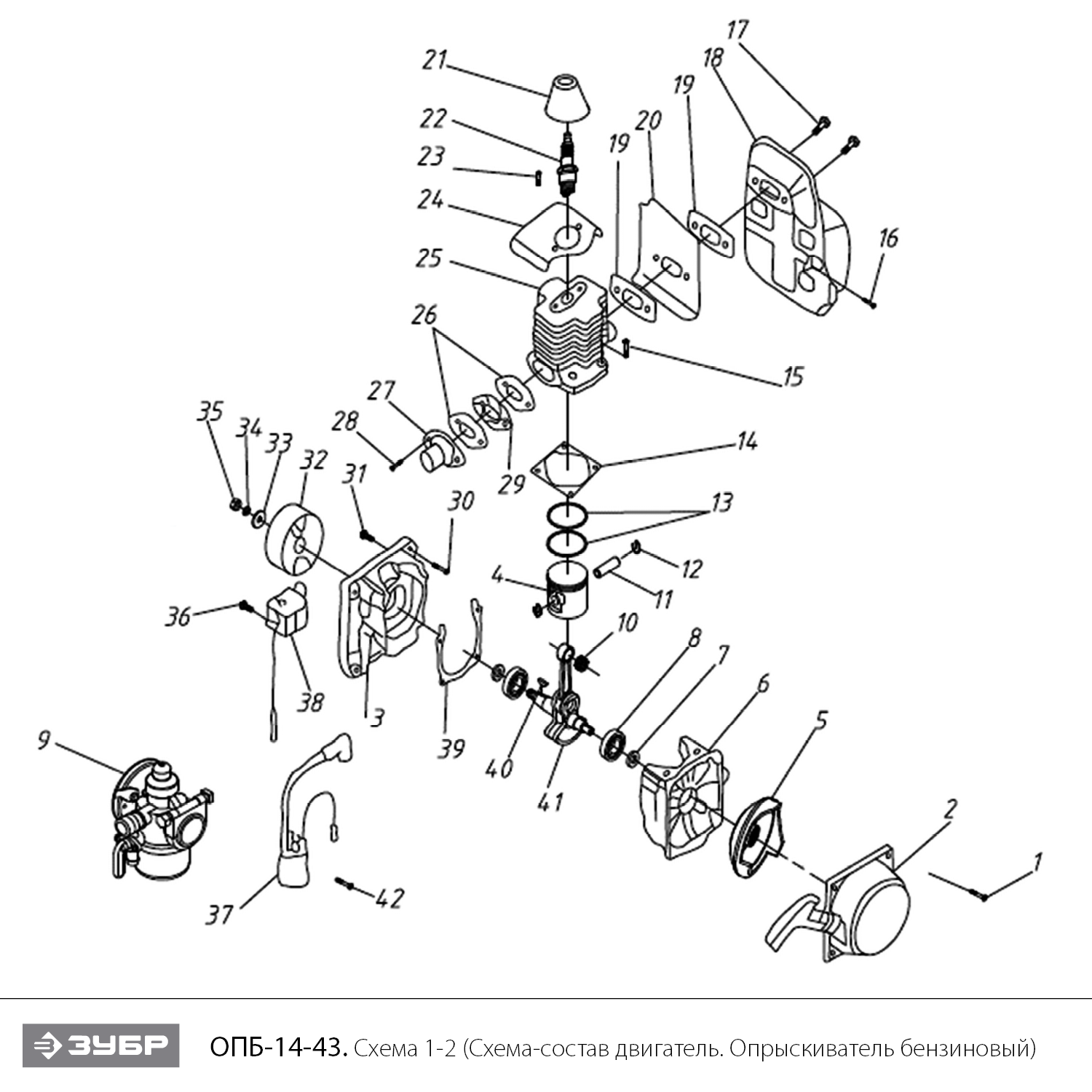 ЗУБР 14 л, 2.5 л.с, бензиновый опрыскиватель (ОПБ-14-43) - посмотреть вариант разборной схемы