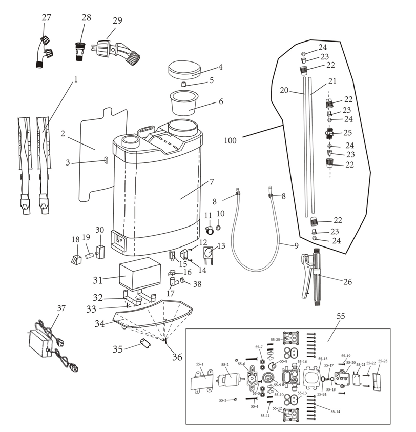 ЗУБР 12 л, аккумуляторный опрыскиватель (ОПС-12) - разборная схема