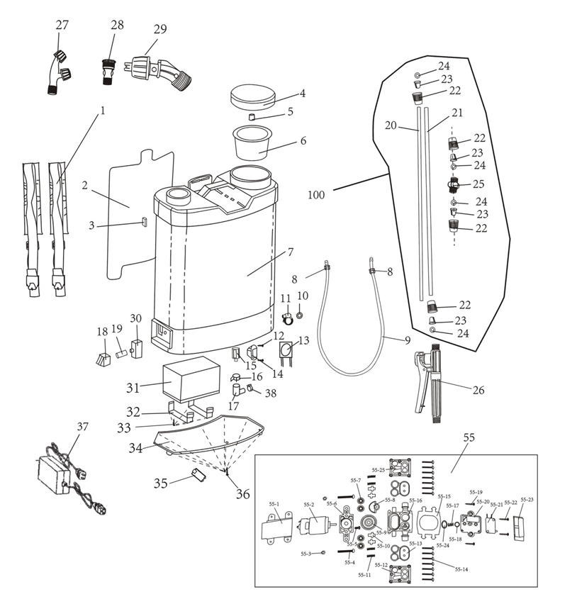 ЗУБР 16 л, аккумуляторный опрыскиватель (ОПС-16) - посмотреть вариант разборной схемы