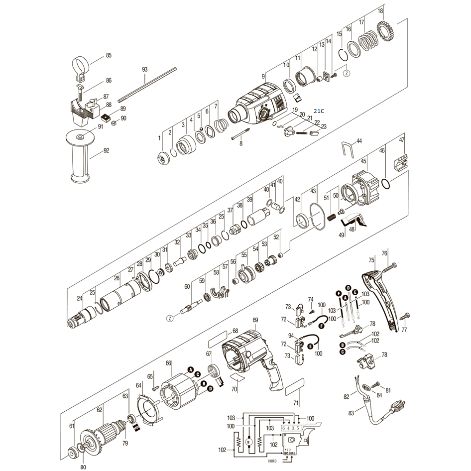 ЗУБР 22 мм, 650 Вт, перфоратор SDS Plus (П-22-650) - посмотреть вариант разборной схемы