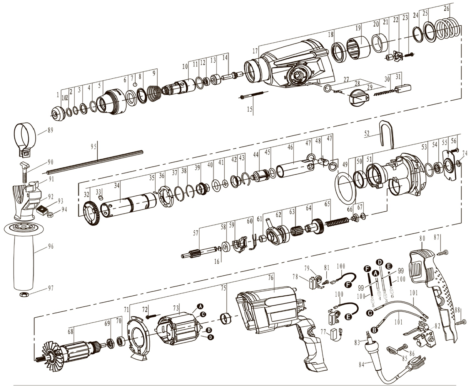 ЗУБР 26 мм, 800 Вт, перфоратор SDS Plus (П-26-800) - посмотреть вариант разборной схемы