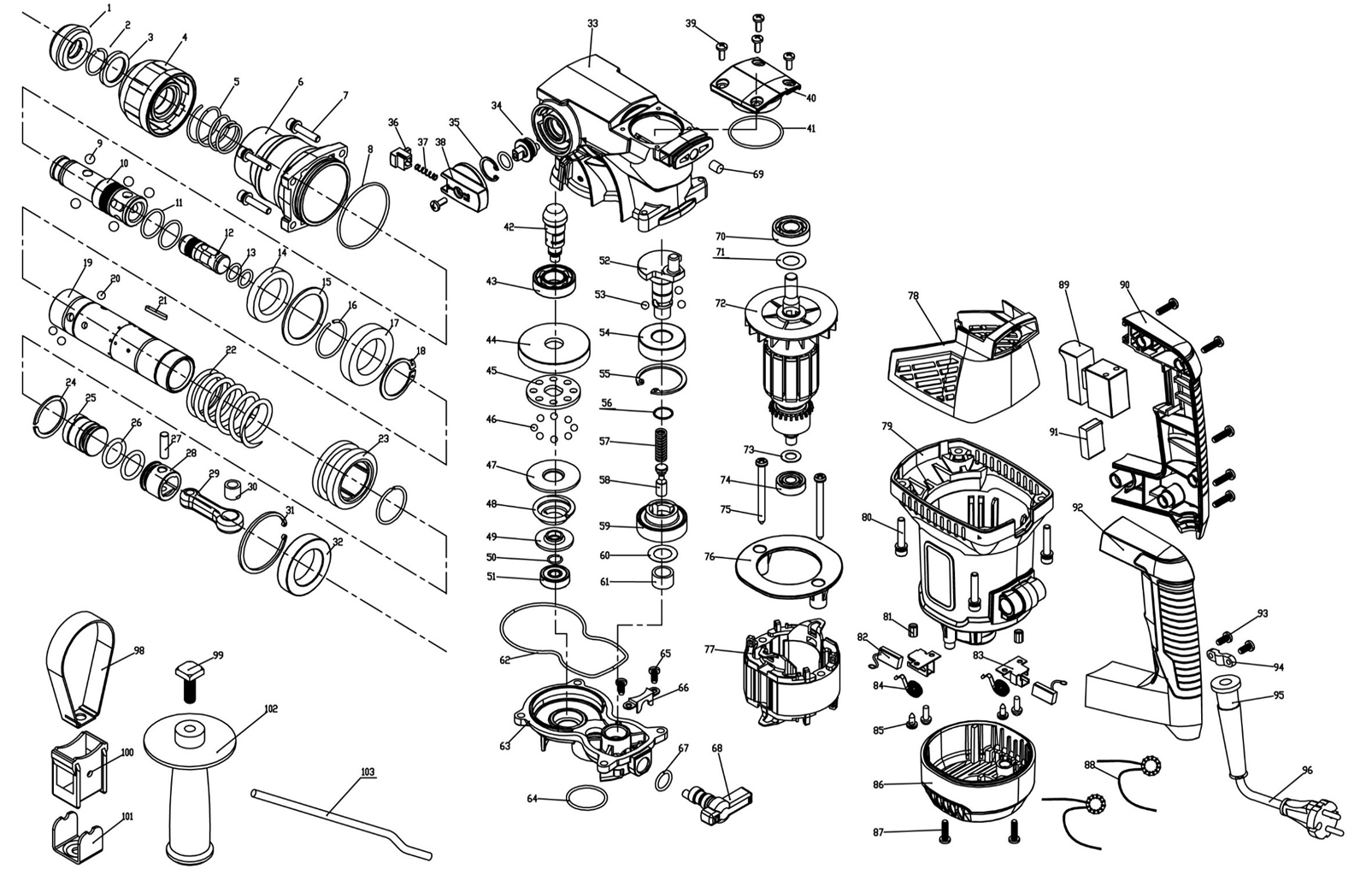 ЗУБР 28 мм, 1000 Вт, перфоратор SDS Plus (ПВ-28-1000) - разборная схема