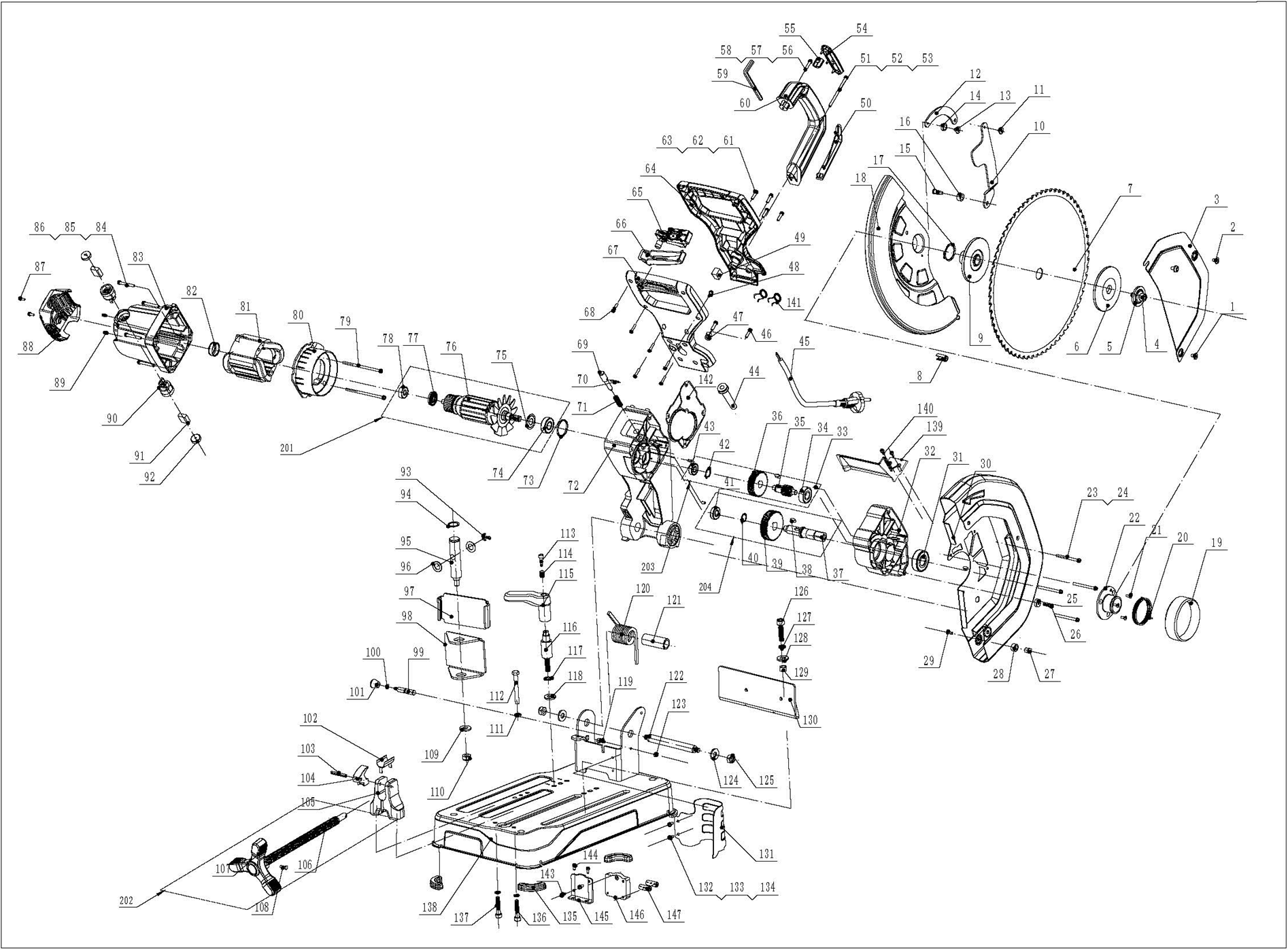 ЗУБР 355 мм, 2000 Вт, монтажная пила (отрезная) с пильным диском, Профессионал (ПОМ-355-Н) - посмотреть вариант разборной схемы