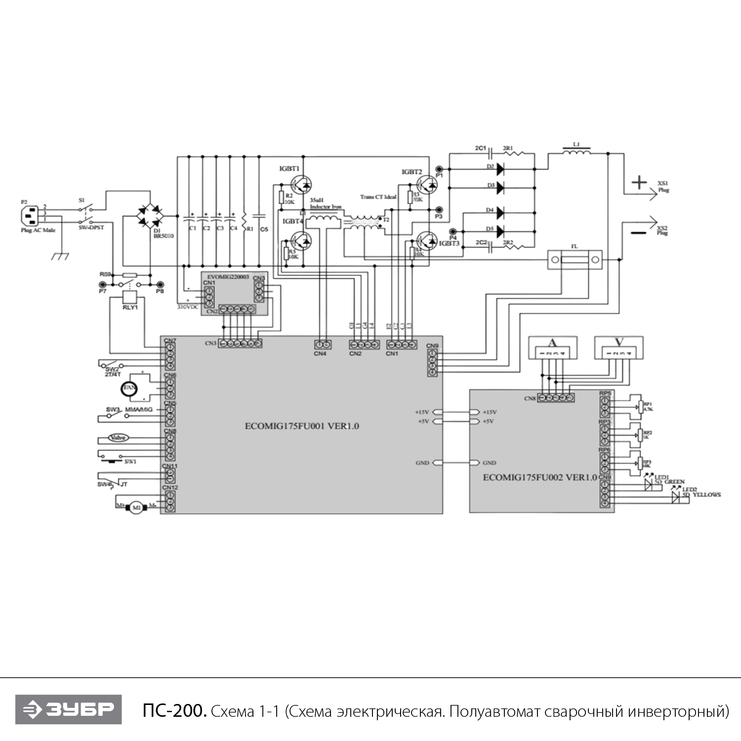 ЗУБР MIG-MAG / ММА, 200 А, RED MACHINE, сварочный полуавтомат инверторный (ПС-200) - посмотреть вариант разборной схемы