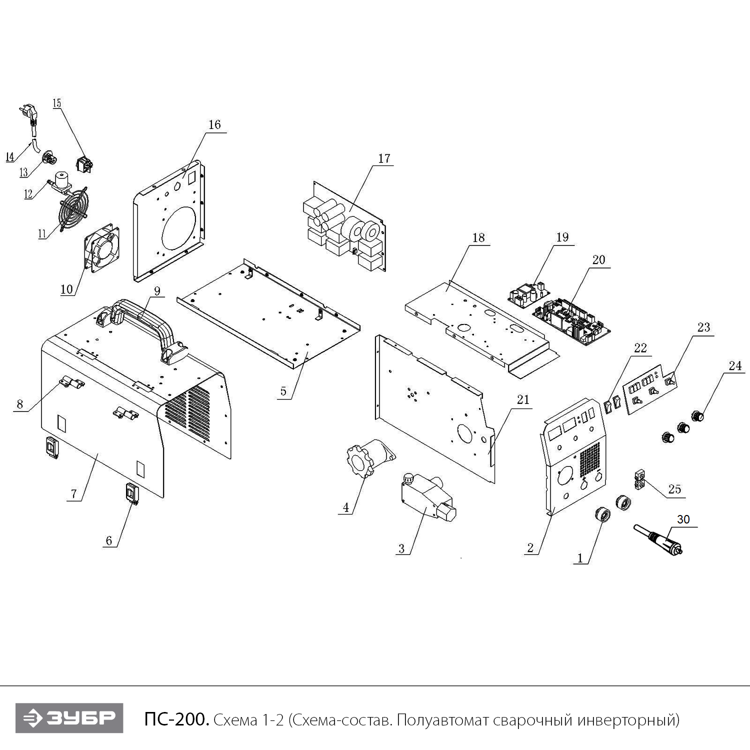 ЗУБР MIG-MAG / ММА, 200 А, RED MACHINE, сварочный полуавтомат инверторный (ПС-200) - посмотреть вариант разборной схемы