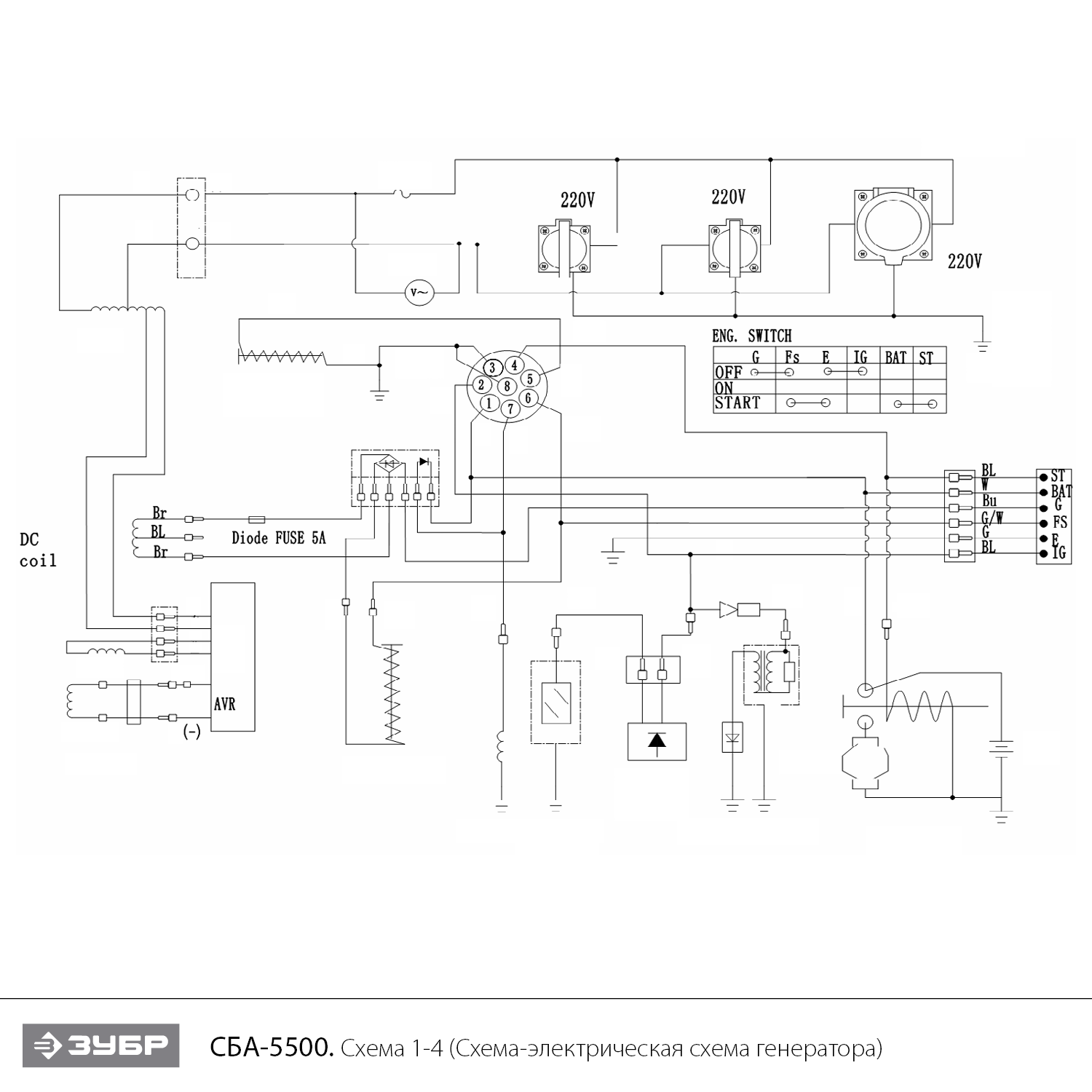 ЗУБР 5500 Вт, бензиновый генератор с автозапуском (СБА-5500) - посмотреть вариант разборной схемы