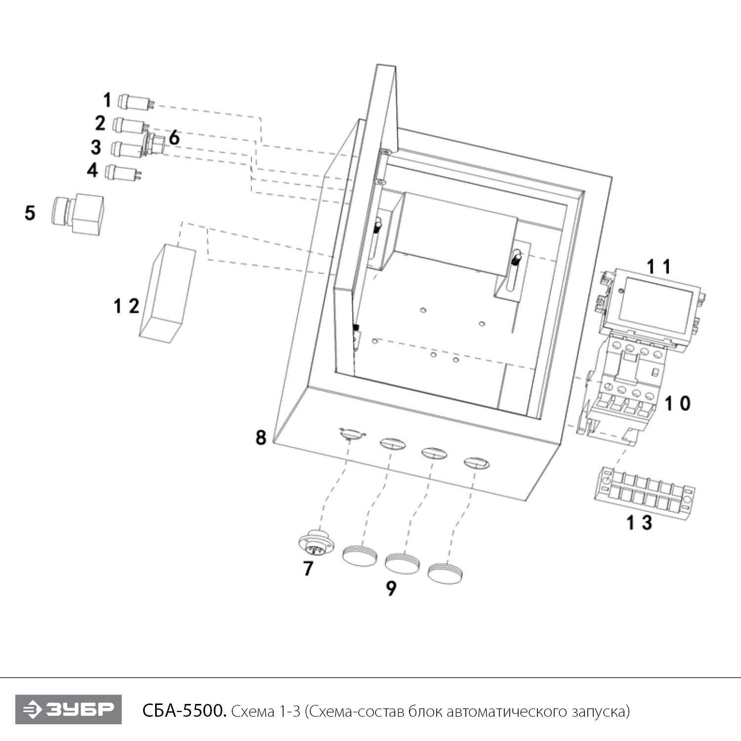 ЗУБР 5500 Вт, бензиновый генератор с автозапуском (СБА-5500) - посмотреть вариант разборной схемы