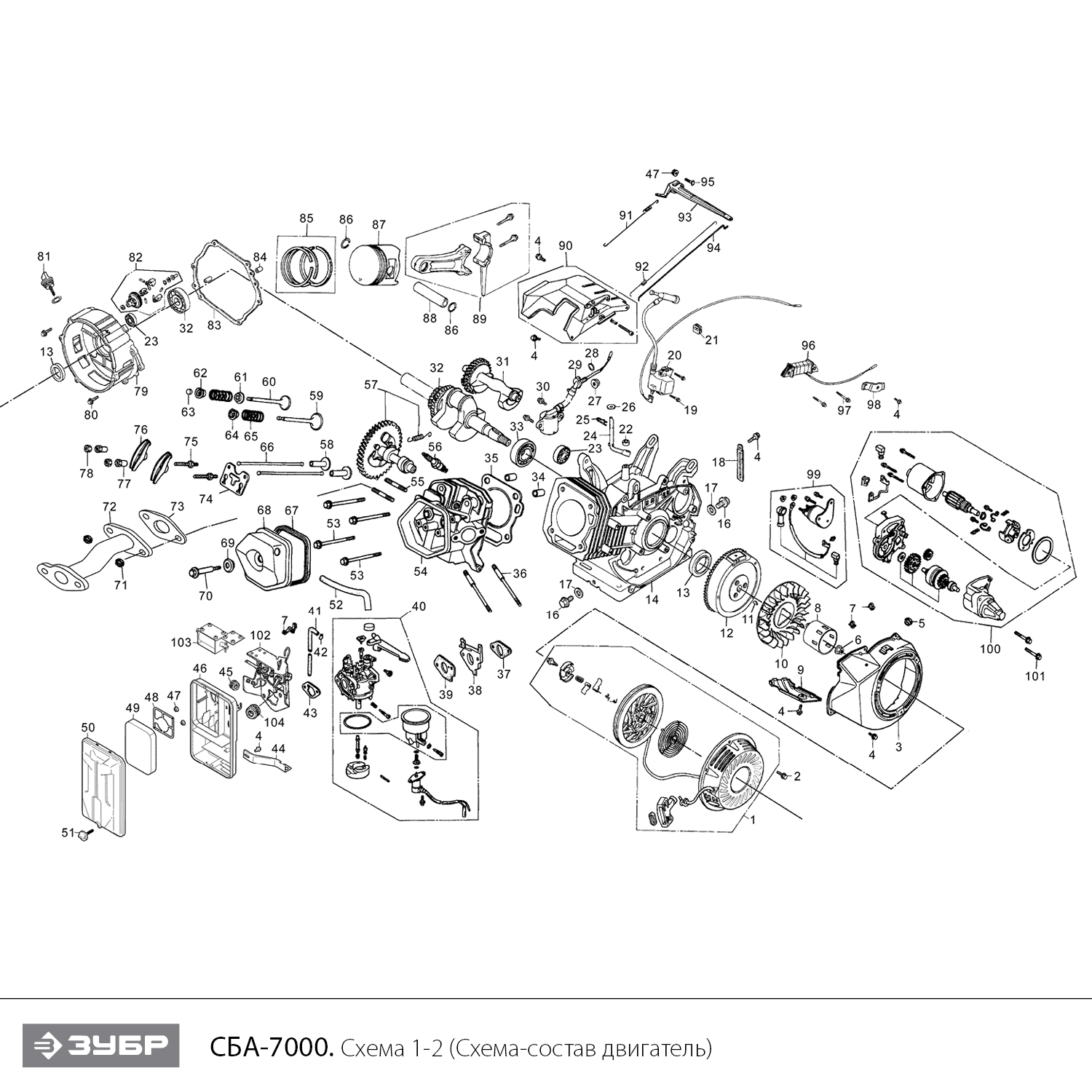 ЗУБР 7000 Вт, бензиновый генератор с автозапуском (СБА-7000) - посмотреть вариант разборной схемы