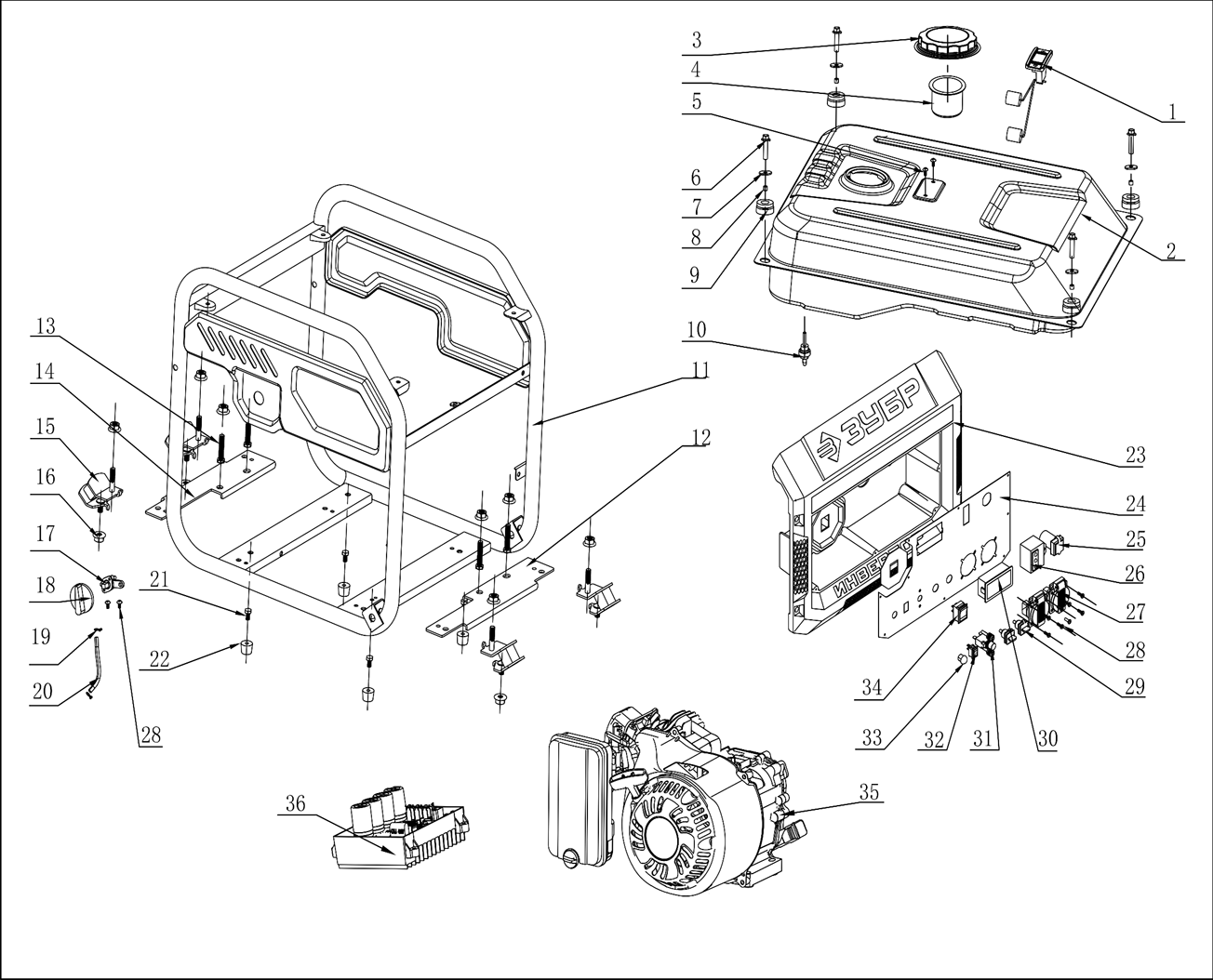 ЗУБР 3900 Вт, инверторный генератор (СБИ-3900) - посмотреть вариант разборной схемы