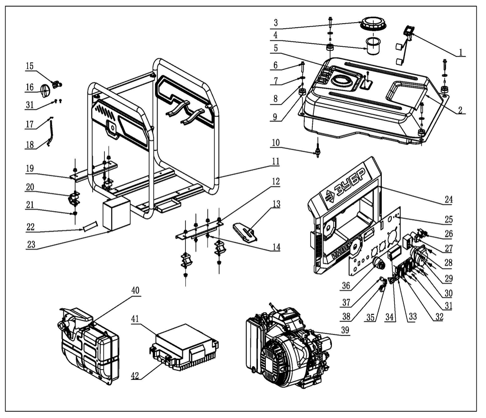 ЗУБР 7500 Вт, инверторный генератор с электростартером и розеткой АВР (СБИ-7500ЕА) - посмотреть вариант разборной схемы