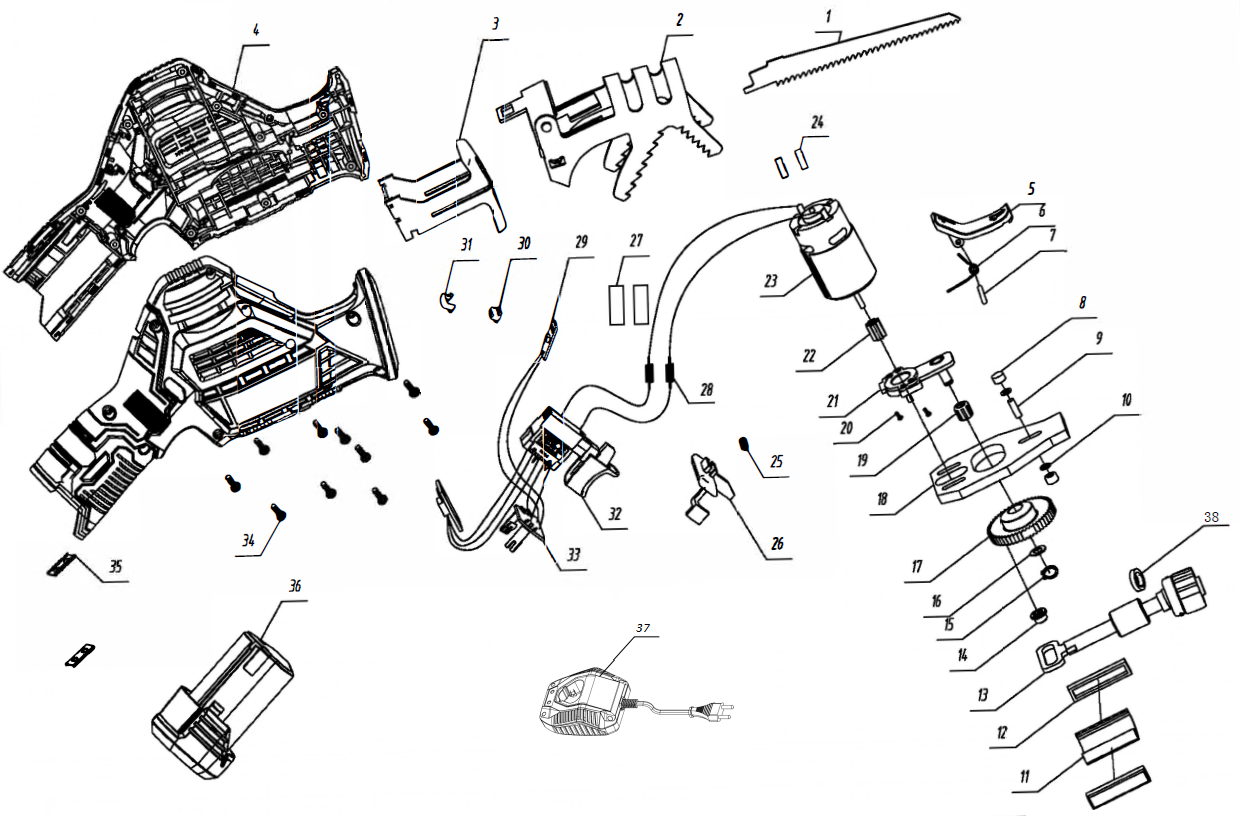 ЗУБР С1-12, 12 В, 80 мм, 1 АКБ (2 А·ч), сабельная пила (СПЛ-125-21) - разборная схема