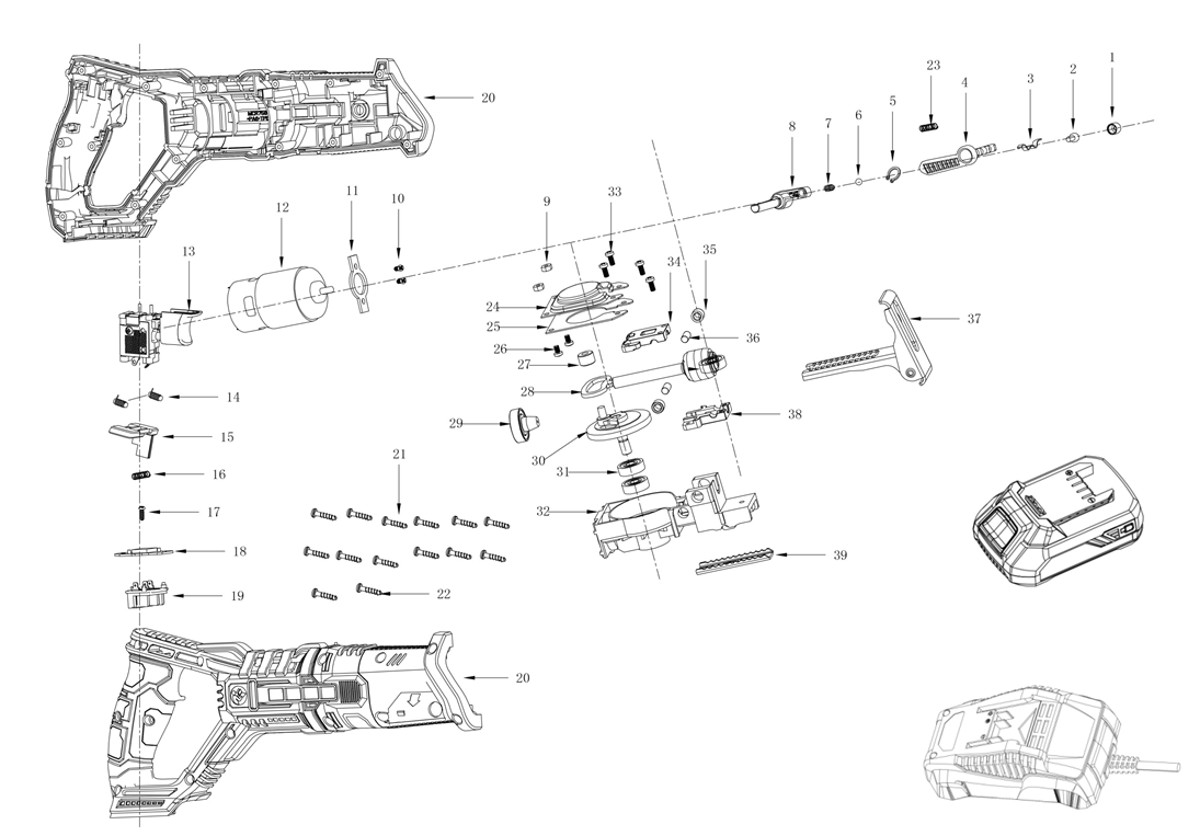 ЗУБР С1-18, 18 В, 180 мм, 1 АКБ (4 А·ч), сабельная пила (СПЛ-185-41) - разборная схема