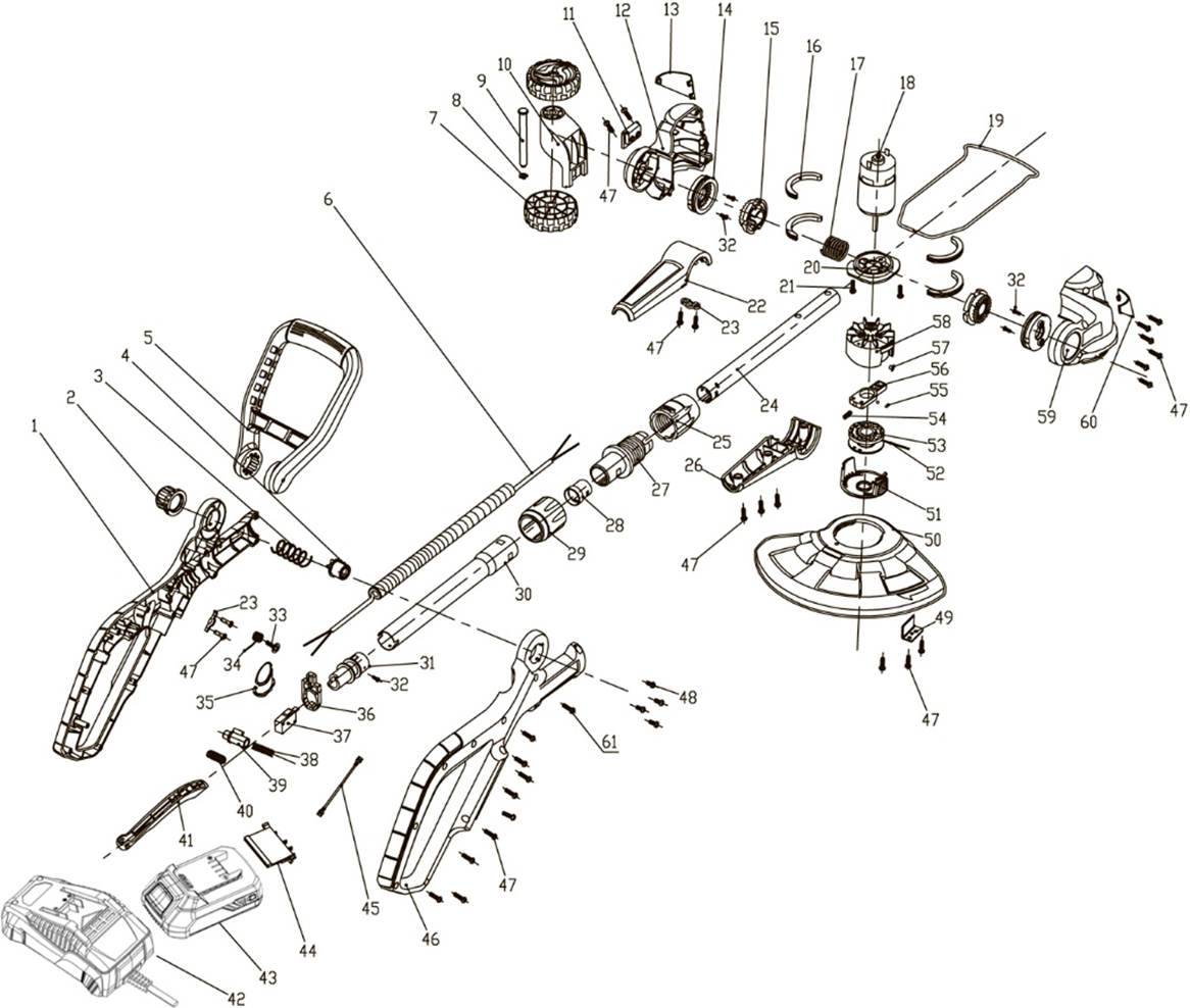 ЗУБР С1-18, 18 В, 25 см, 1 АКБ (2 А·ч), аккумуляторный триммер (ТА-185-21) - разборная схема