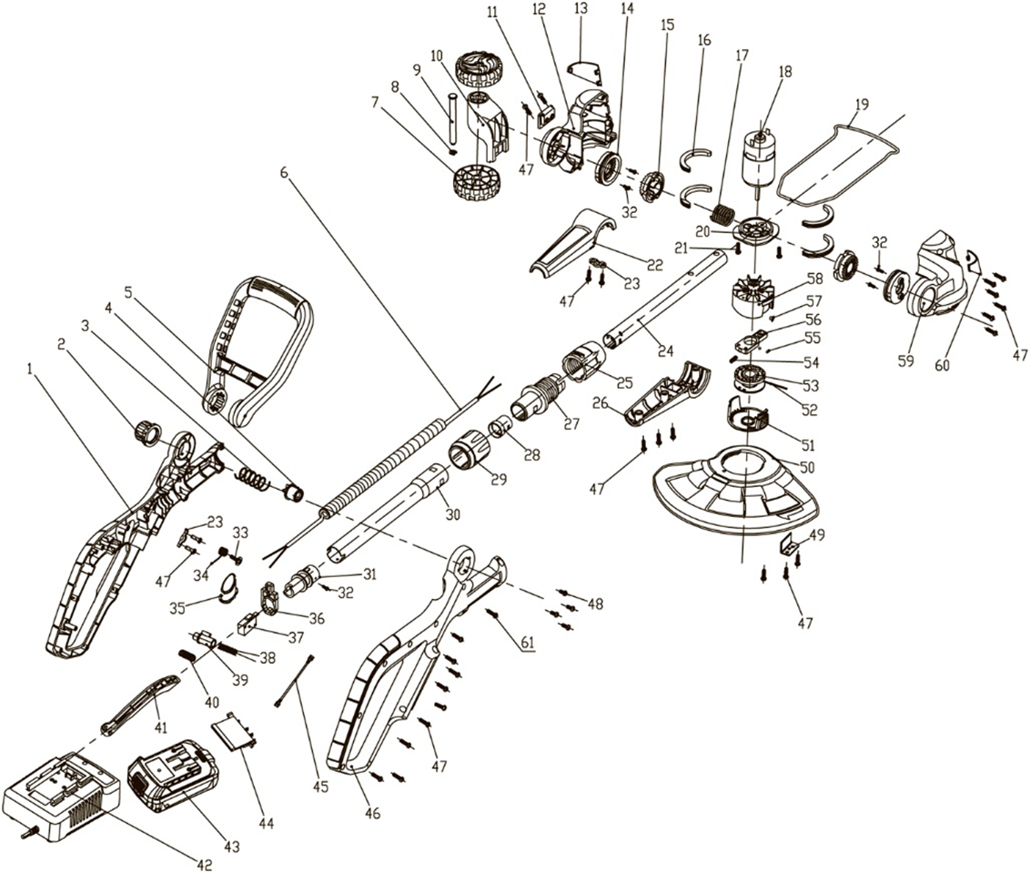 ЗУБР С1-18, 18 В, 25 см, без АКБ, аккумуляторный триммер (ТА-185) - посмотреть вариант разборной схемы