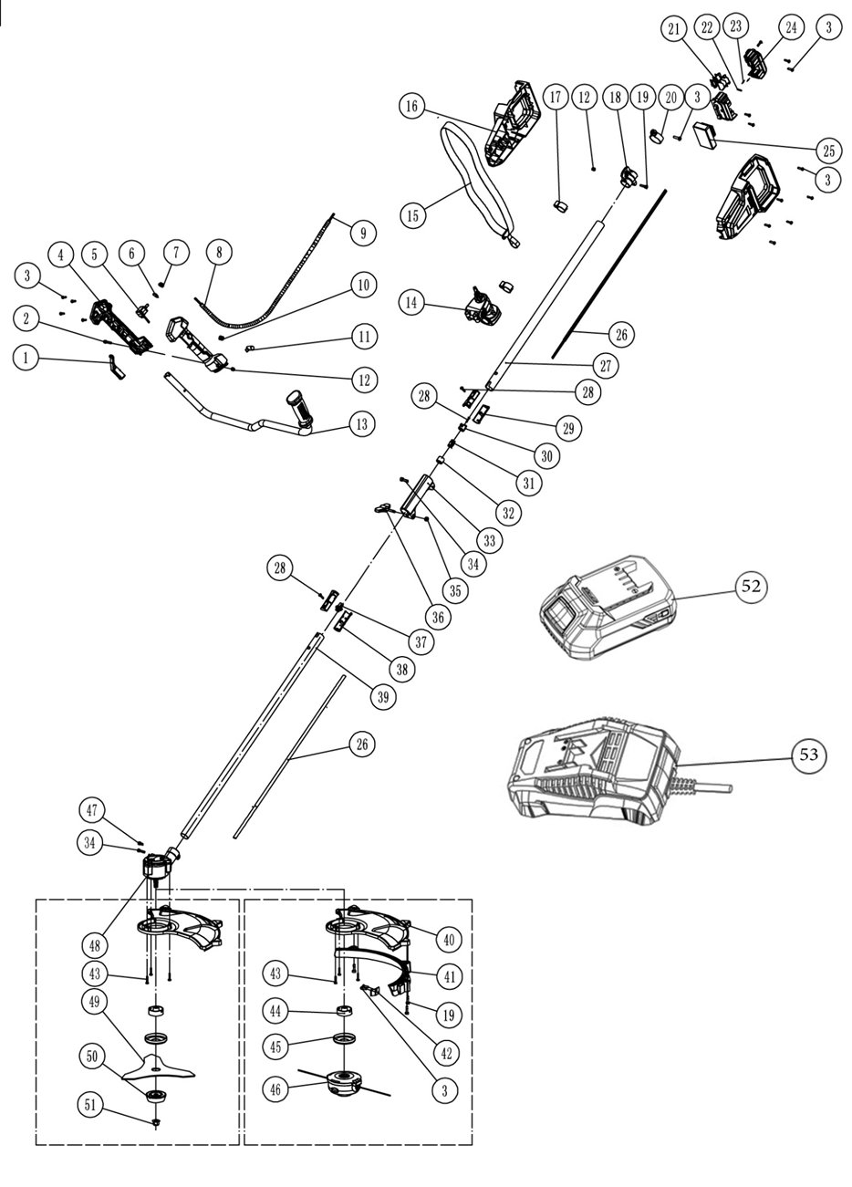 ЗУБР С1-18, 36 В, 35/25.5 см, 2х18 В АКБ (2 А·ч), бесщеточный триммер (ТАБ-365-22) - разборная схема