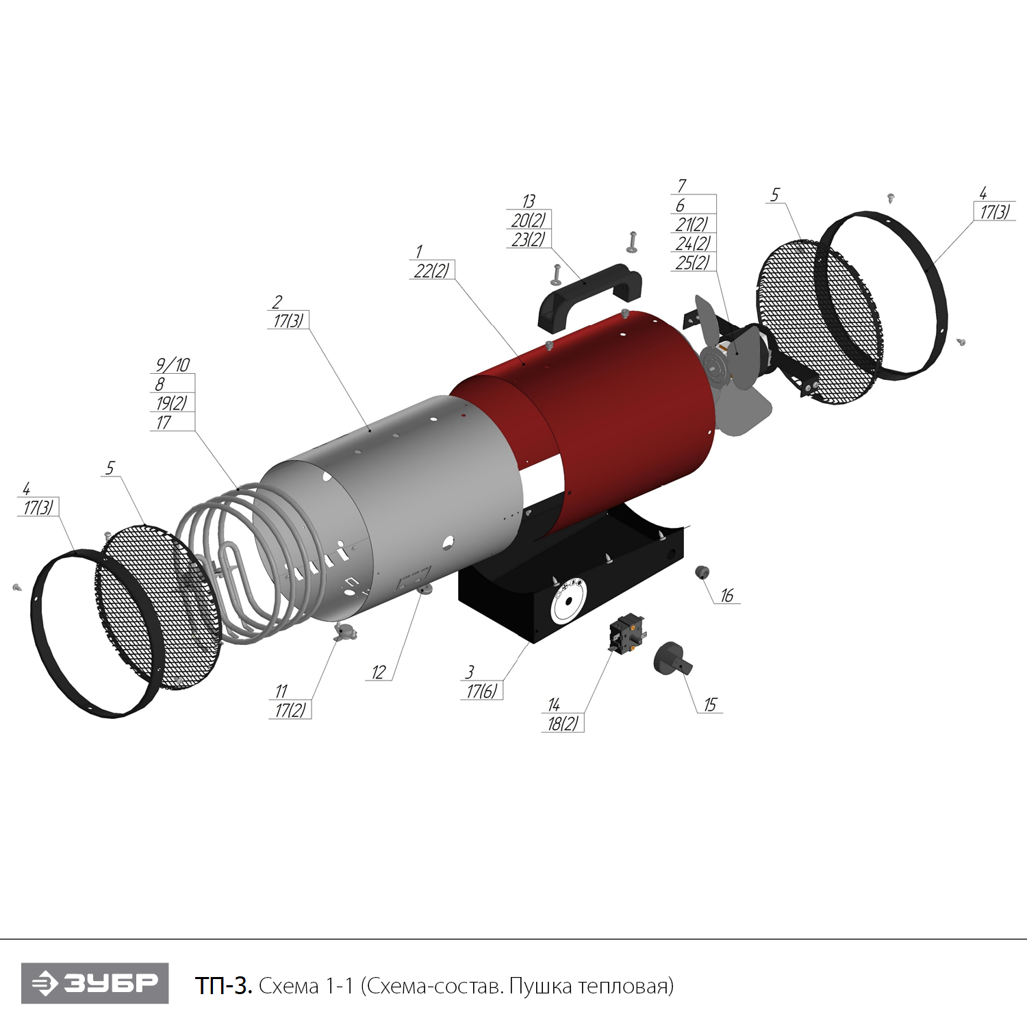 ЗУБР 3 кВт, электрическая тепловая пушка (ТП-3) - посмотреть вариант разборной схемы