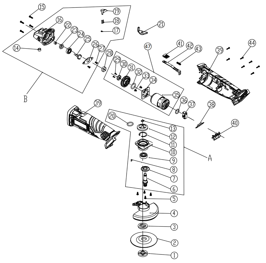 ЗУБР С1-18, 18 В, 125 мм, 1 АКБ (4 А·ч), УШМ, кейс (УШМ-18-125-41) - разборная схема