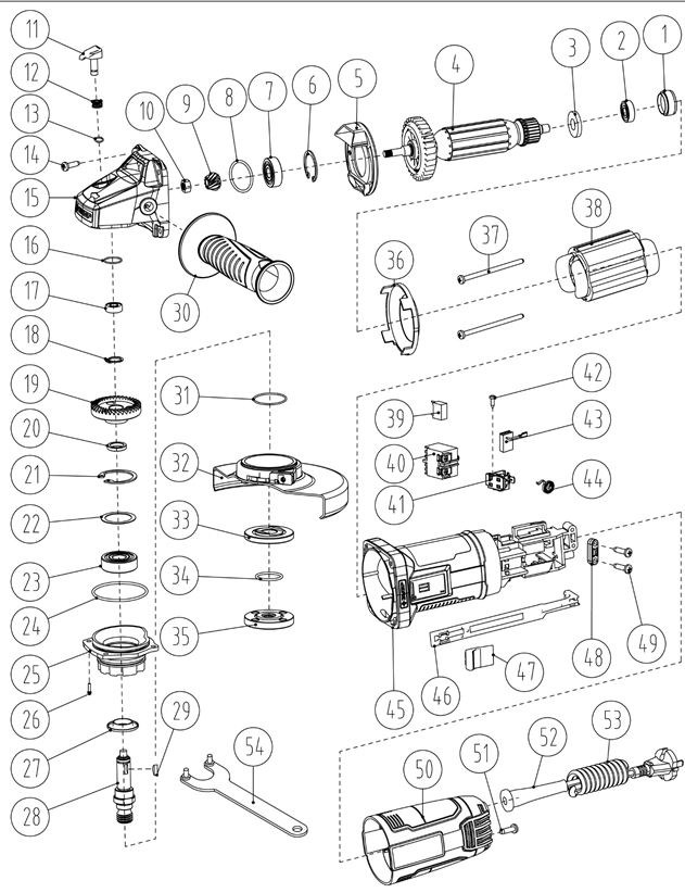 ЗУБР Компакт, 750 Вт, d115 мм, УШМ, Профессионал (УШМ-П115-750) - разборная схема