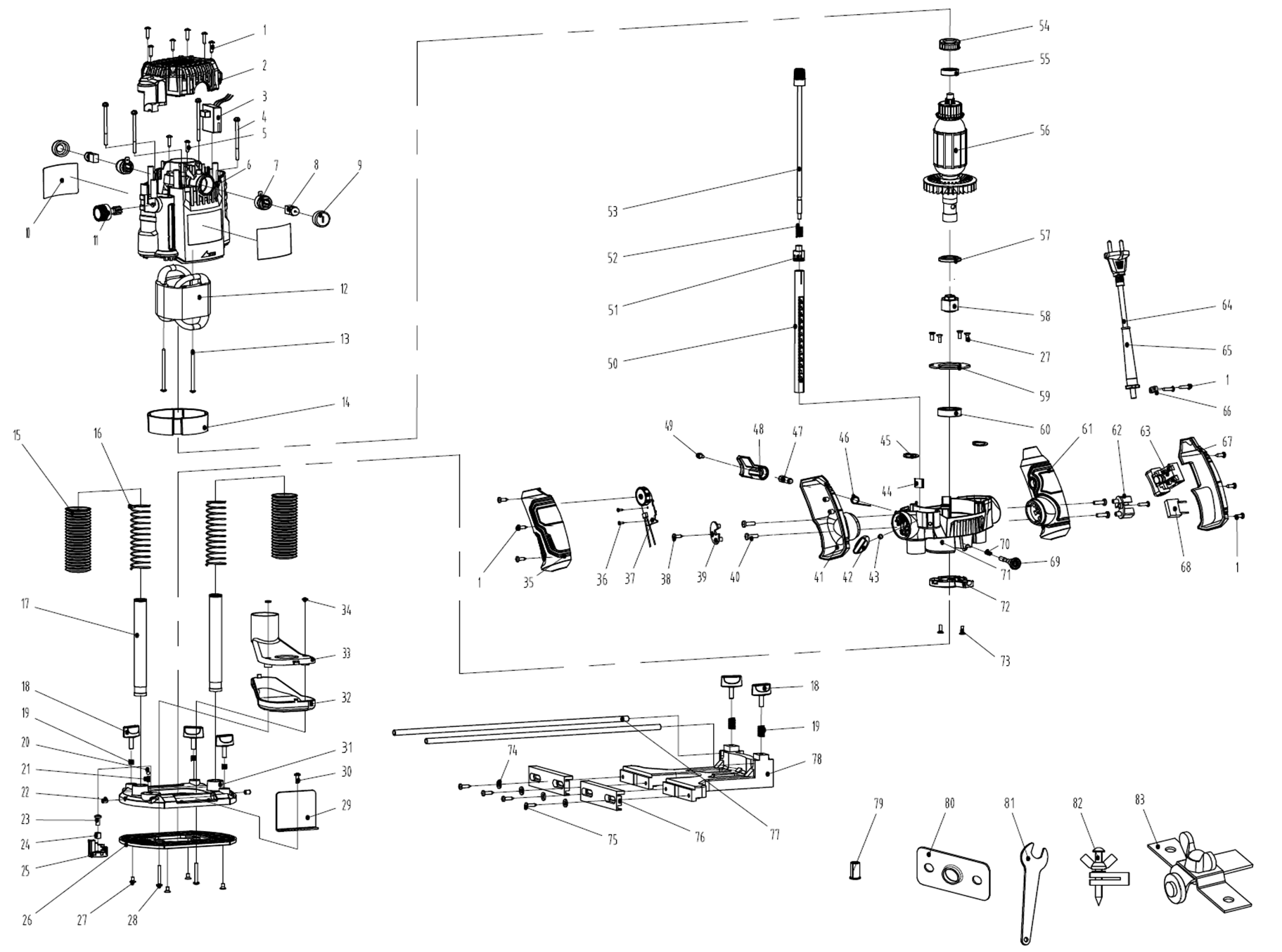 ЗУБР 1650 Вт, 50 мм, универсальный фрезер (ФМ-1650) - разборная схема
