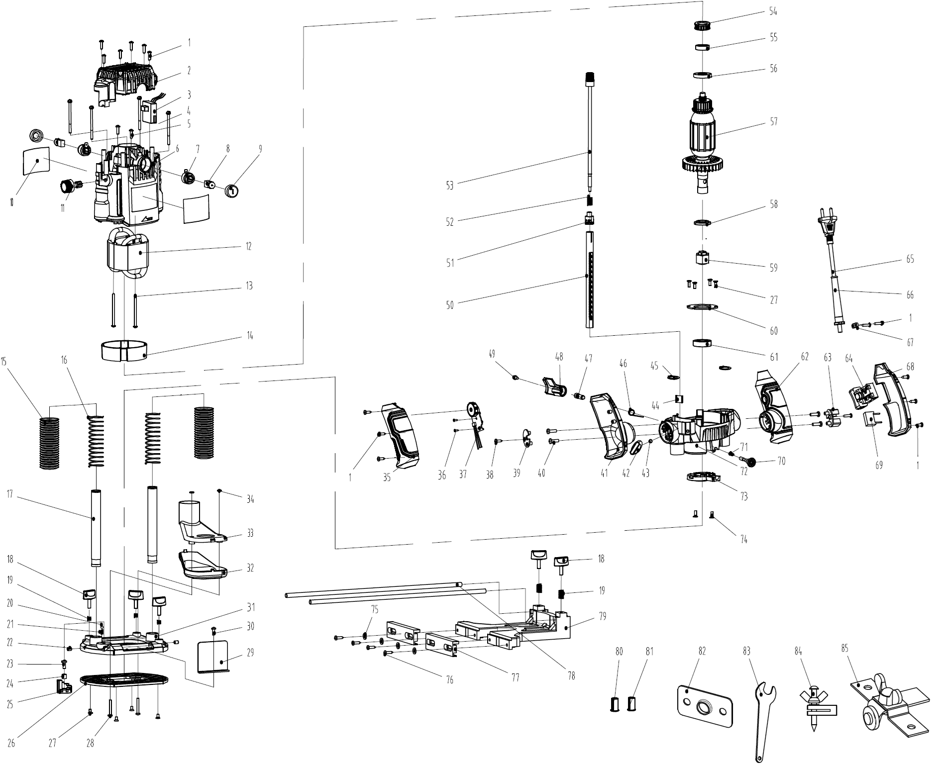 ЗУБР 1900 Вт, 50 мм, универсальный фрезер (ФМ-1900) - разборная схема