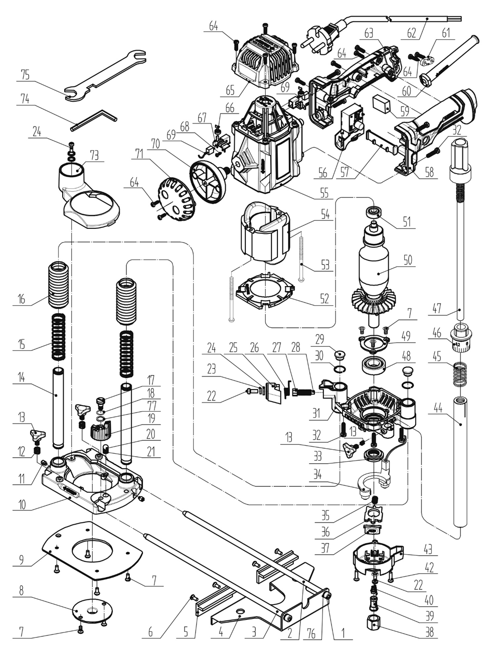 ЗУБР 1200 Вт, 50 мм, универсальный фрезер (ФМР-1200) - разборная схема