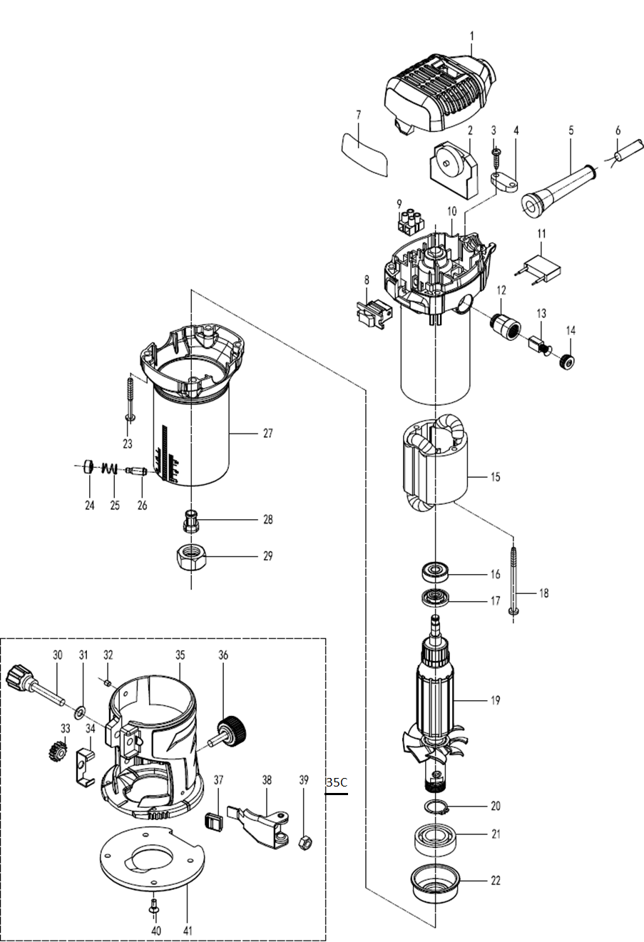 ЗУБР 750 Вт, кромочный фрезер, Профессионал (ФПК-750) - посмотреть вариант разборной схемы