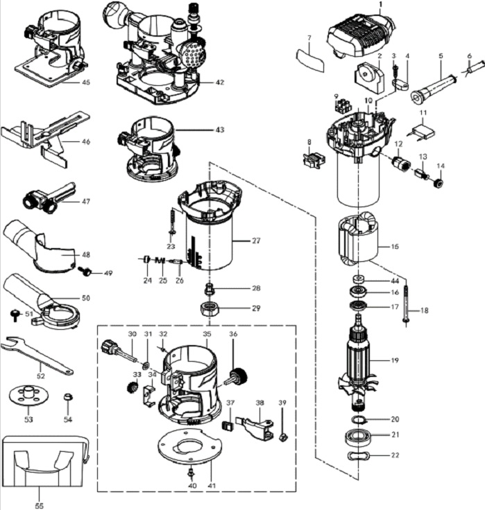 ЗУБР 750 Вт, кромочный фрезер, Профессионал (ФПК-750) - посмотреть вариант разборной схемы