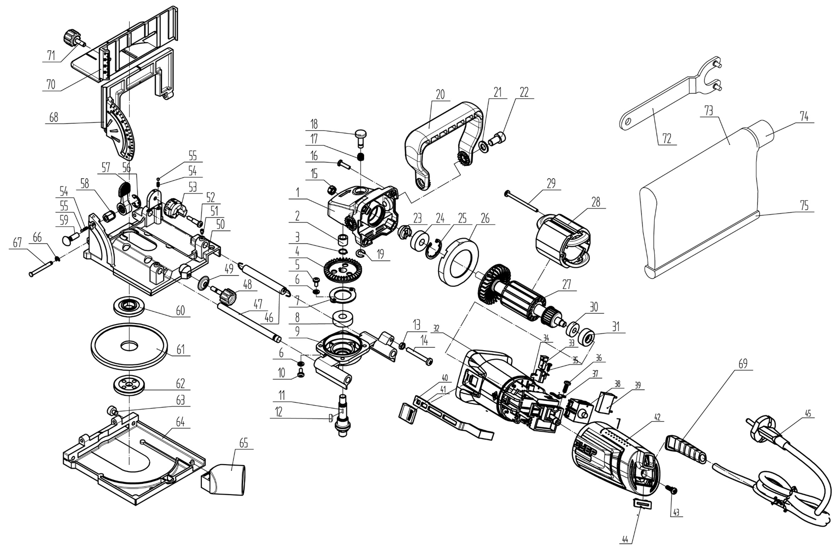 ЗУБР d 100 мм, 1100 Вт, ламельный фрезер, кейс, Профессионал (ФПЛ-950 К) - разборная схема