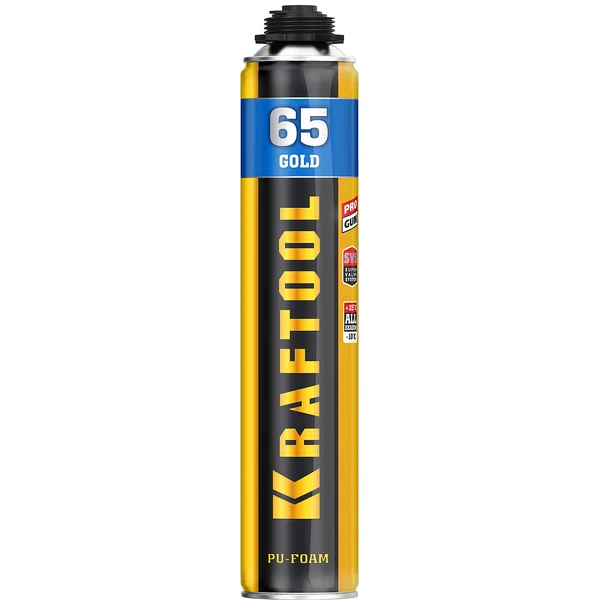 KRAFTOOL GOLD 65, 850 мл, выход до 65 л, мелкопористая, пистолетная всесезонная, SVS, не залипающий клапан, монтажная пена (41194)