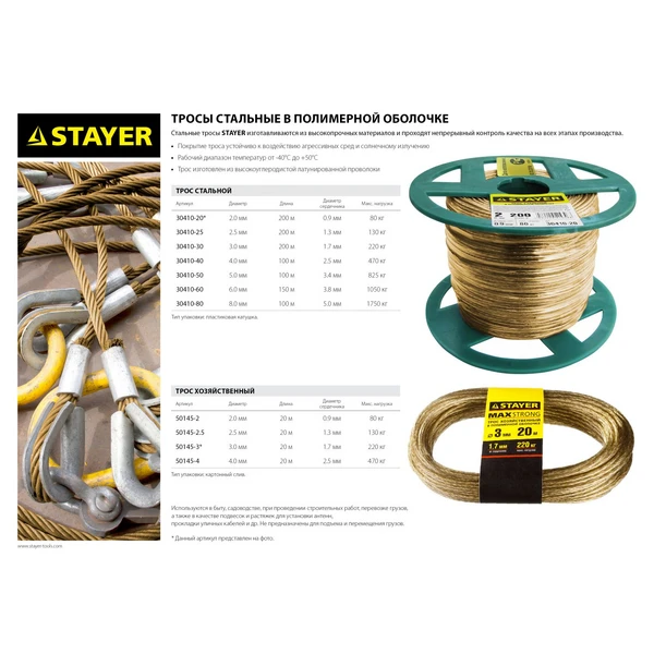 STAYER 20 м, d 2 мм, стальной, в полимерной оболочке, хозяйственный трос (50145-2) - фото 3