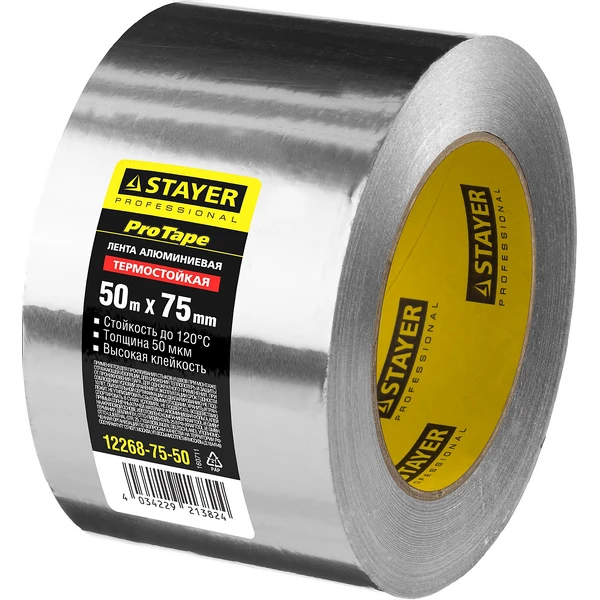 STAYER ProTape, 75 мм, 50 м, до 120 °С, самоклеящаяся алюминиевая лента, Professional (12268-75-50) - фото 2