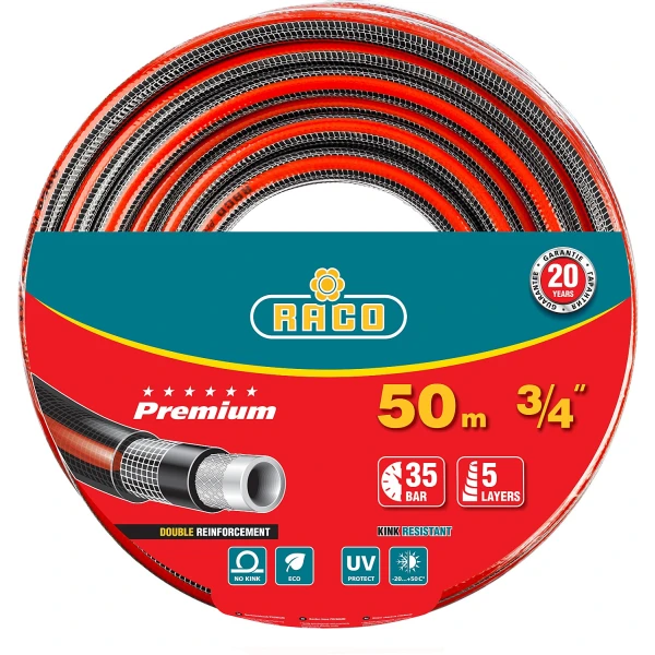 RACO PREMIUM, 3/4″, 50 м, 35 атм, пятислойный, усиленный двумя слоями армирования, поливочный шланг (40300-3/4-50)