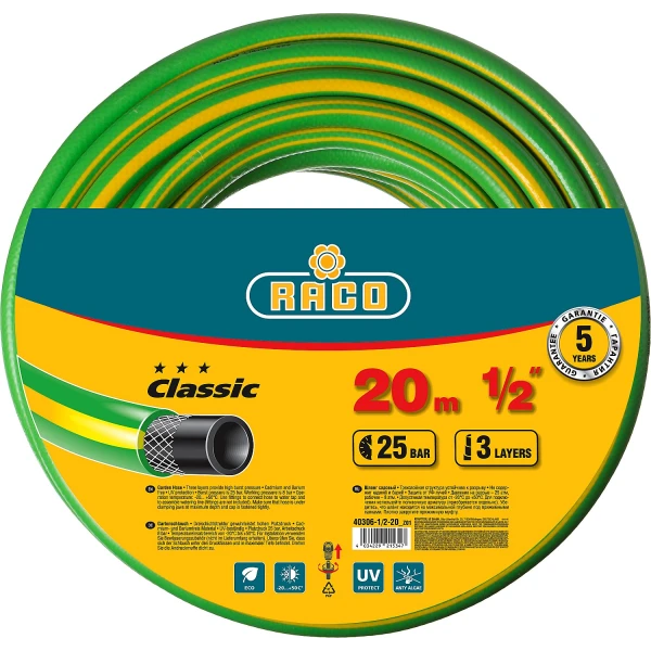 RACO CLASSIC, 1/2″, 20 м, 25 атм, трёхслойный, армированный, поливочный шланг (40306-1/2-20)