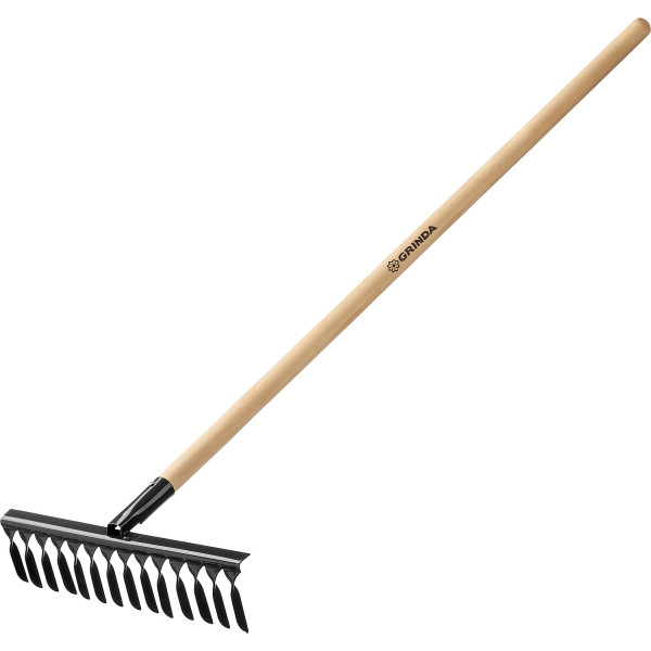 GRINDA GS-14 WOOD, 445 х 95 х 1300 мм, 14 витых зубцов, углеродистая сталь, антикор. покрытие, черенок дерев. высш. сорт, садовые грабли(39581-14)