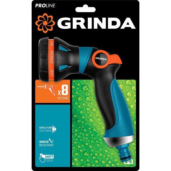 GRINDA S-8, 8 режимов, двухкомпонентный с регулятором напора, поливочный пистолет, PROLine (429100)