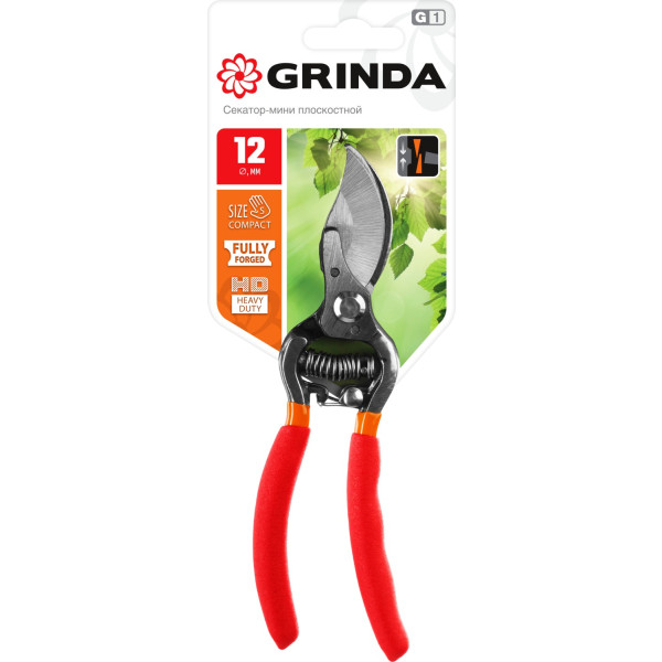 GRINDA G-1, 150 мм, цельнокованые лезвия, стальные рукоятки, покрытие ПВХ, плоскостной мини-секатор (423101)