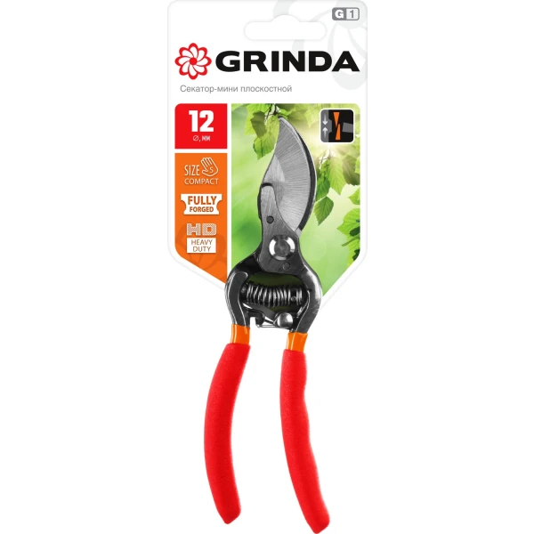 GRINDA G-1, 150 мм, цельнокованые лезвия, стальные рукоятки, покрытие ПВХ, плоскостной мини-секатор (423101)