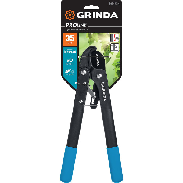 GRINDA C-410A, длина 410 мм, лезвия из высокоуглеродистой стали, композитные рукоятки, храповый механизм, контактный сучкорез, PROLine (424520)