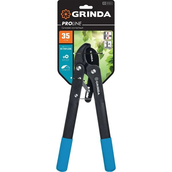 GRINDA C-410A, длина 410 мм, лезвия из высокоуглеродистой стали, композитные рукоятки, храповый механизм, контактный сучкорез, PROLine (424520)