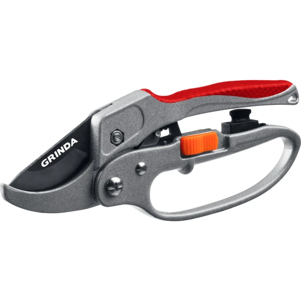 GRINDA G-15, 200 мм, стальные лезвия, храповый механизм, с эфесом, с алюминиевыми рукоятками, контактный секатор (8-423034)