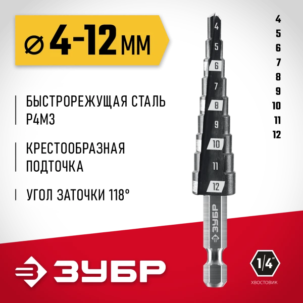 ЗУБР 4-12мм, 9 ступеней, сверло ступенчатое(29665-4-12-9)