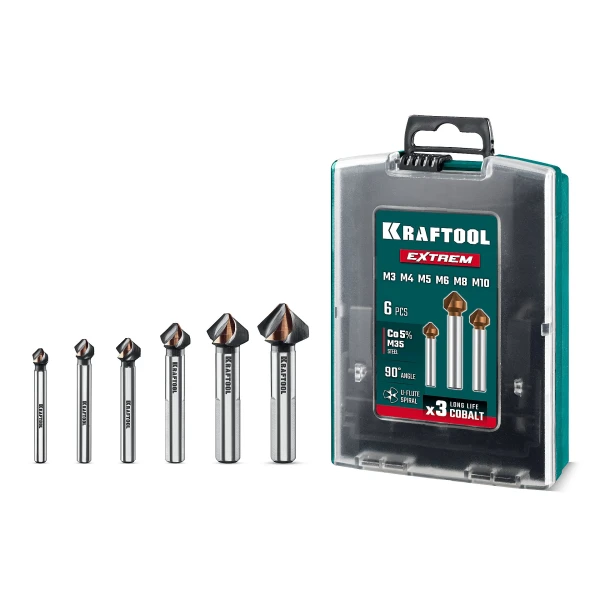 KRAFTOOL EXTREME Со5-А, 6 шт (6.3, 8.3, 10.4, 12.4, 16.5, 20.5 мм), Z3, 90°, сталь M35, U-образная спираль, набор зенковок (29734-H6)